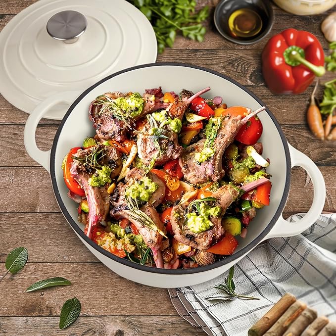 6 Quart Dutch Oven Enameled Cast Iron with Lid - Big Dual Handles - Oven Safe up to 500°F - Classic Round Pot for Versatile Cooking (Cream, 6 QT)