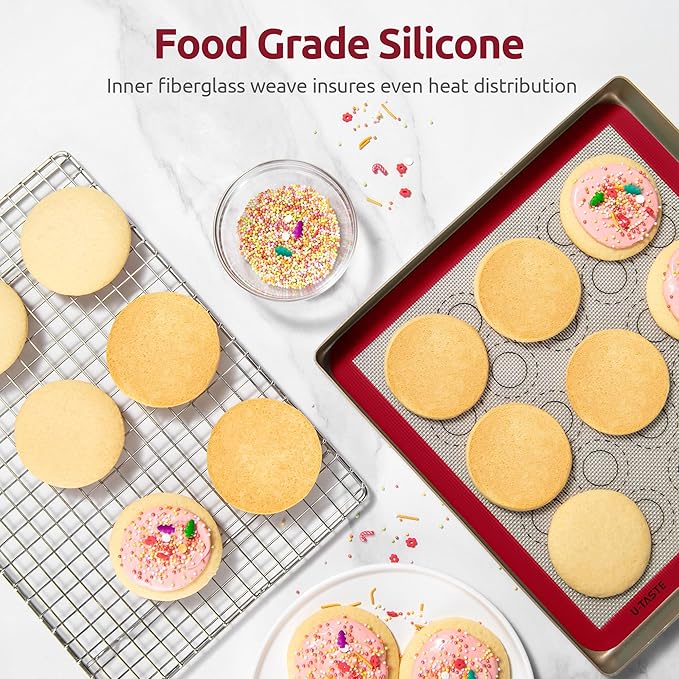 446ºF Heat Resistant Macaron Mat: U-Taste 11x11in Non Stick Silicone Baking Mat, Reusable Cookies Pastry Sheet Liner with Edge Enhancement & Circle Measurement for Square Cake Pan (2 PCS, Red)