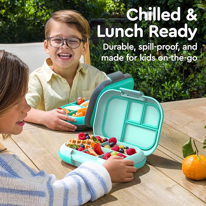 Bentgo Chill Kids Leak-Proof Lunch Box - 4-Compartment Bento Box with Built-In Ice Pack, 3.3 Cup Capacity, PFAS & BPA-Free, Microwave & Dishwasher Safe, Ideal Size for Ages 3 to 7 (Aqua)