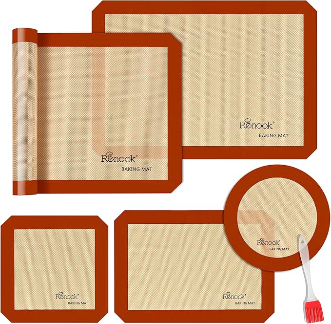 Silicone Baking Mat, 5 Pcs Grade Food Non-Stick Reusable Baking Mat, Slip Oven Liner Sheet, Round & Square Cake Pan Mat & Silicone Brush for Macaron, Pastry, Cookie