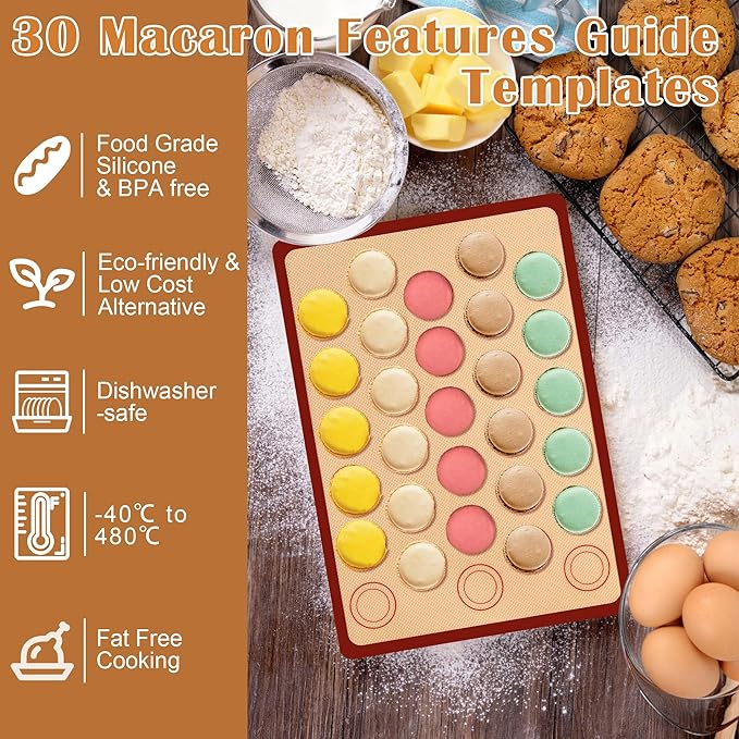 29P Macaron Silicone Baking Mats-Coldairsoap 2 Half Sheet Macaron Silicone Baking Mats 11.6"x16.5",1 Egg Separator,1 Pastry Brush,1 Spatula,12 Frosting Tips,2 Piping Bags, 1 Coupler, 6 Embossing Molds