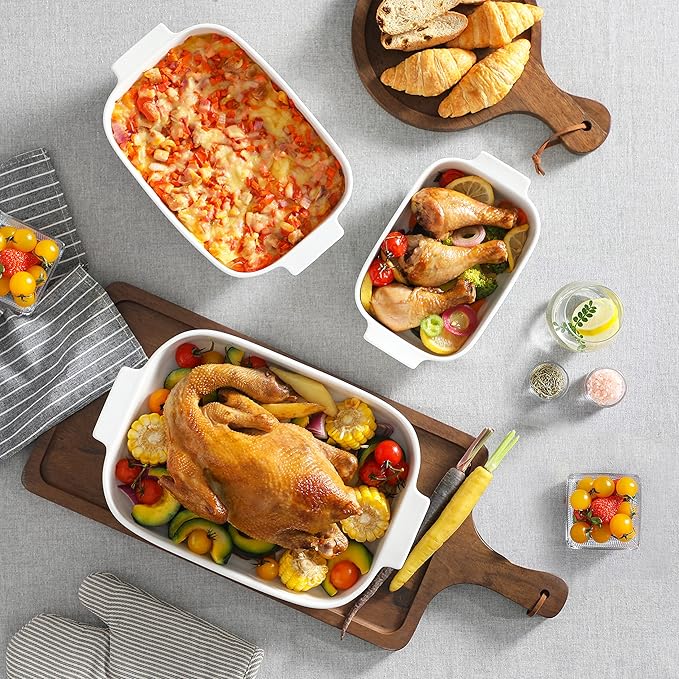 MALACASA Casserole Dishes for Oven, Porcelain Baking Dishes Set of 3, Durable Casserole Dish Set Lasagna Pan Deep, Ceramic Bakeware Sets with Handles, White (13.8''/11.7''/9.4''), Series Bake