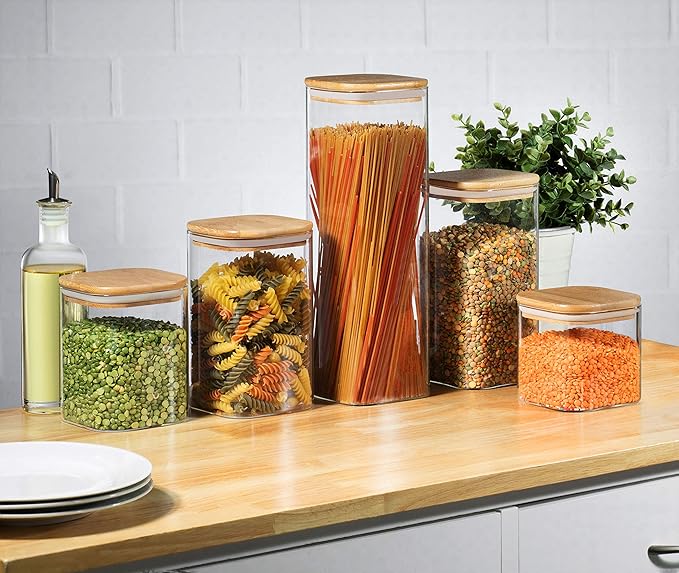5 Square Canisters, Glass Kitchen Canister with Airtight Bamboo Lid, Glass Storage Jars for Kitchen, Bathroom and Pantry Organization Ideal for Flour, Sugar, Coffee, Candy, Snack & More