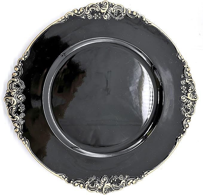 allgala 13-Inch 48-Pack Case Lot Heavy Quality Round Charger Plates-Floral Black Gold Trim-HD80843