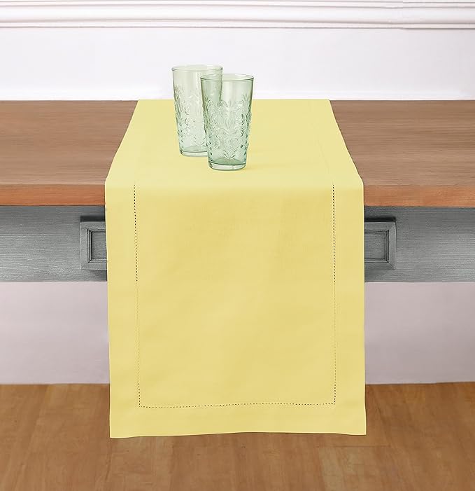 Solino Home Yellow Table Runner 60 Inches - Cotton Linen Hemstitch Coffee Table Runner 14 x 60 Inch Ideal for Dresser Tables - Summer