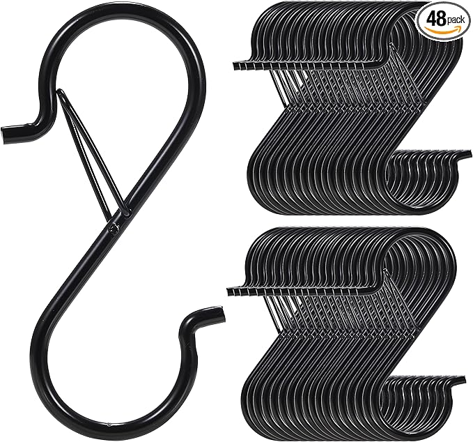 48 Pcs S Hooks for Hanging with Safety Buckle, 3.5 inch Heavy Duty Metal S Shaped Hooks Stainless Steel for Hanging Kitchen Utensil, Cups, Pots, Plants, Bags, Hats (Black)