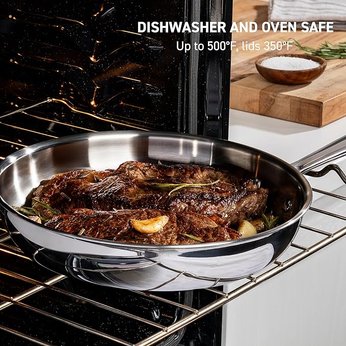 T-fal Pro Tri-Ply Stainless Steel Fry Pan 8 Inch, Induction Compatible, Oven Safe 500F, Fast & Even Heat, Professional Quality & Durability, Frying Pan, Skillet, Cookware, Dishwasher Safe, Silver