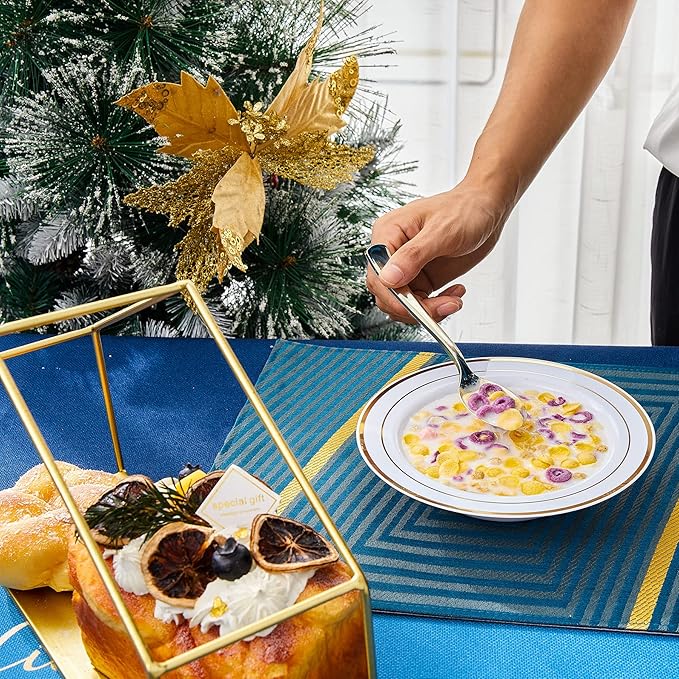 N9R 30PCS Disposable Plastic Bowls with Gold Rim, 12 oz Fancy White Plastic Bowls, Premium Dessert Salad Bowls Perfect for Party, Wedding and Everyday Use