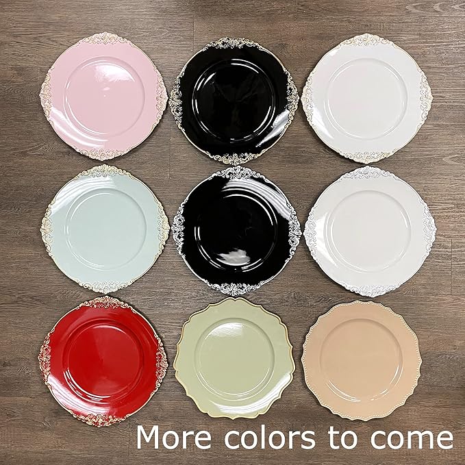 allgala 13-Inch 6-Pack Heavy Quality Round Charger Plates-Floral Black Silver Trim-HD80349