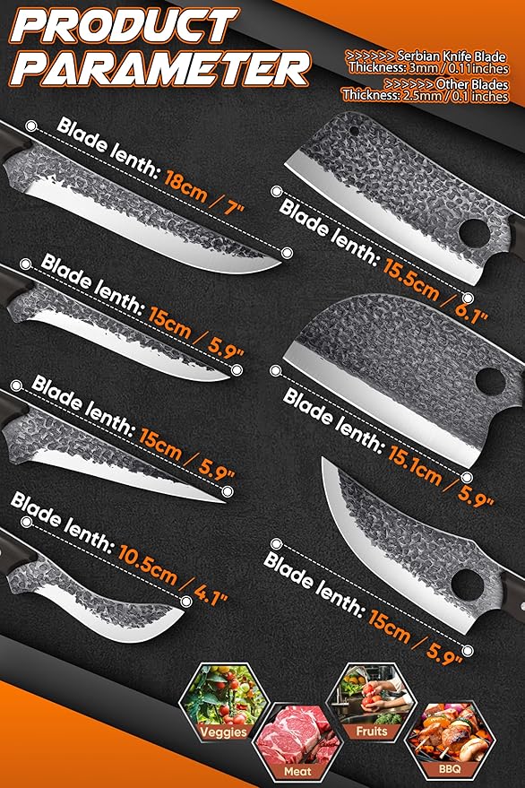 ROCOCO 13PCS Butcher Cleaver Knife Set for Meat Cutting Serbian Chef Viking Boning Knife with Roll Bag for Kitchen Outdoor BBQ Camping Birthday Christmas Father Mother Gift Idea Men